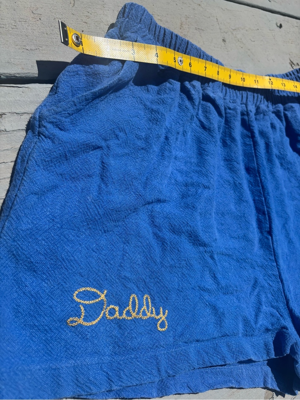 Blue unisex linen Shorts with 'Daddy' Embroidery - Picture 3 of 6